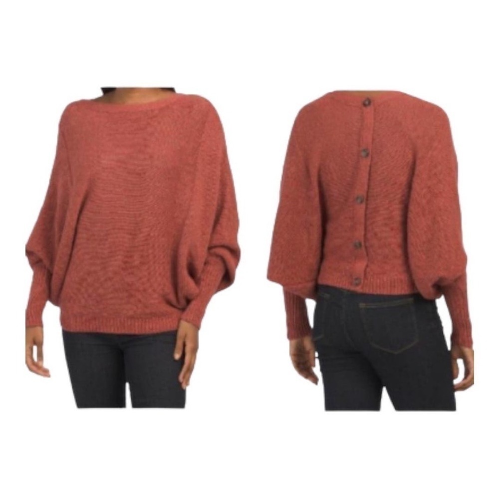 Ruby Moon Button Back Dolman Sleeve Sweater Cotton Boho Textured Rust Batwing